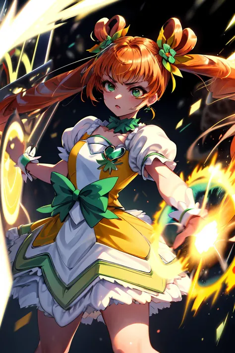 masterpiece,best quality,1girl,cure rosetta,green eyes,orange hair,(very long hair),curly hair,(long twintails),clover hair ornament,wrist cuffs,yellow dress,white boots,green ribbon,[serious],fighting stance,action pose,attack,(clover-shaped energy shield),motion lines,motion blur,blast wave,shockwave,cowboy shot,<lora:locon_cure_rosetta_01-block:0.95>,