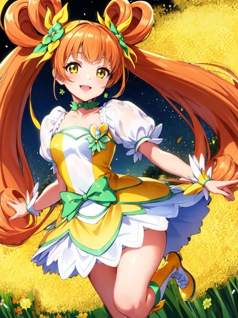 masterpiece, best quality, looking_at_viewer, depth_of_field, full_body,
1girl, <lora:locon_cure_rosetta_01_release:0.9>, curly hair, long twintails, clover hair ornament, wrist cuffs, yellow dress, white boots, green ribbon,
smile, standing, gradient background,