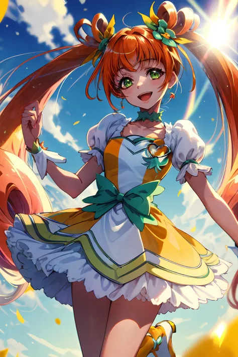 masterpiece,best quality,1girl,cure rosetta,orange hair,(very long hair),curly hair,(long twintails),clover hair ornament,wrist cuffs,yellow dress,white boots,green ribbon,floating,smile,open mouth,blue sky,sunlight,<lora:locon_cure_rosetta_01-block:0.95>,