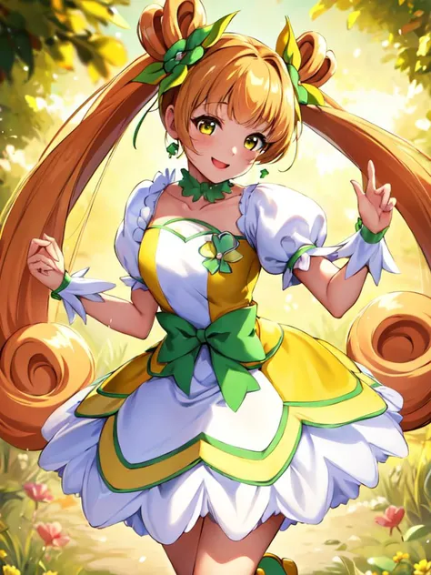 masterpiece, best quality, looking_at_viewer, depth_of_field, full_body,
1girl, <lora:locon_cure_rosetta_01_release:0.9>, curly hair, long twintails, clover hair ornament, wrist cuffs, yellow dress, white boots, green ribbon,
smile, standing, gradient background,
