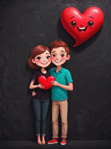illustration cute drawing of Man with woman happy face , man holding big red heart with (text: "LOVE":1.2) on the black wall , <lora:kids:0.8>