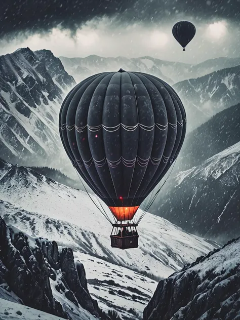 a hot air balloon flying over snowy mountans top, blizzard,heavy snowfall,  strong wind,   melancholy atmosphere, fog and dark clouds, moody and atmospheric, slate gray atmosphere, soft cinematic light, cinematic angle, sharp focus, photolab, lightroom, (art by Nan Goldin :1.2),  <lora:add-detail-xl:0.8>