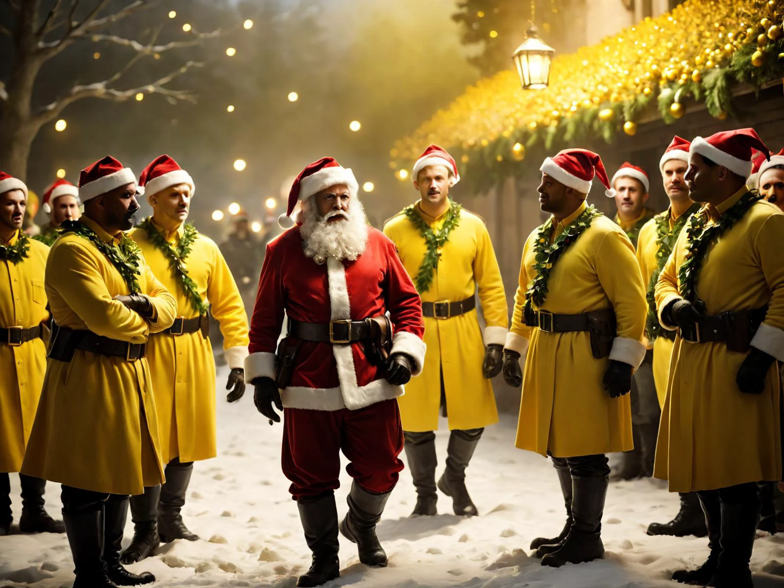cinematic film still Mistletoe Mercenaries, (mistletoe:1.5), yellow team arresting santa and his elves, <lora:EngulfedBy-Klilnter_01:0.5> Engulfed BY yellow, shallow depth of field, vignette, highly detailed, high budget Hollywood film, bokeh, cinemascope, moody, epic, gorgeous, film grain