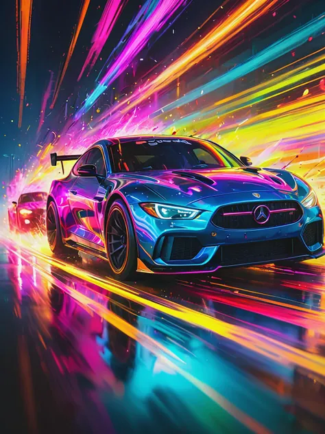 glowneon, cinematic film still, multiple cars are depicted with exaggerated speed blur streaks trailing behind them. The background could be blurred to enhance the sense of motion, with vibrant colors to convey the excitement of the race, emitting sparks from the wheels,  <lora:glowneon_xl_v1:0.7>