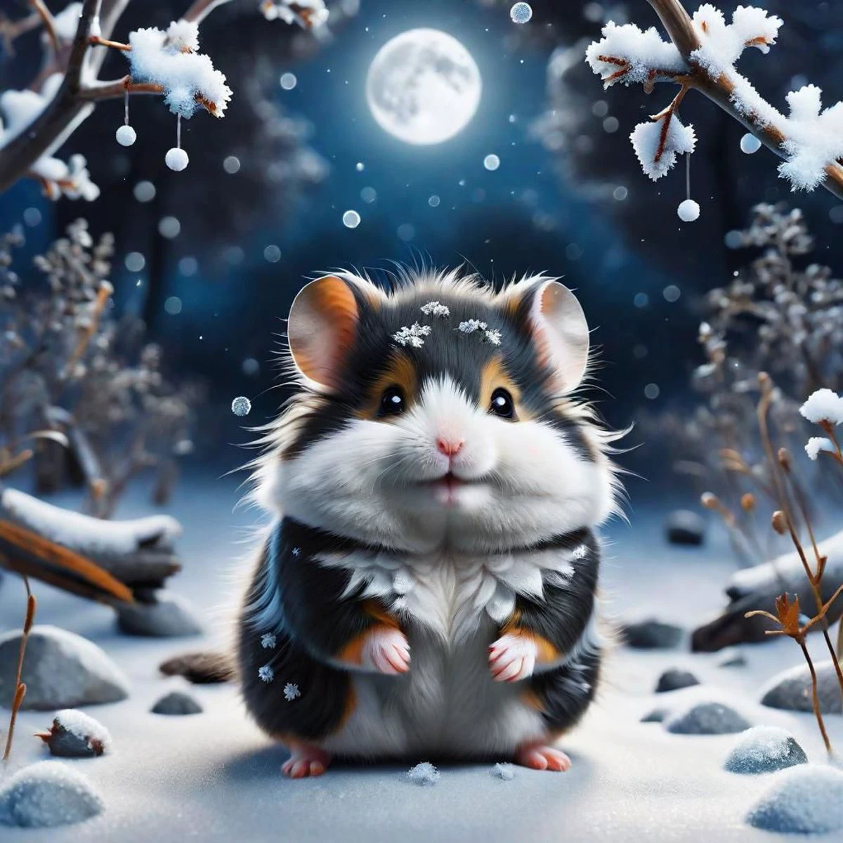 Painted picture of a cute black and silver hamster, smile, happy, smiling, ice landscape, chibi hamster sit under old tree with snow, moonlight Spot the hamster, snowflakes buzz around the hamster