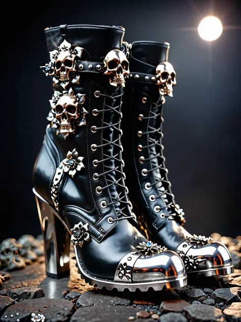 cinematic photo 100mm, RAW photograph of heavy metal boots, black leather, stylish shoe design, in the style of highly detailed, (silver steel skull:), (silver steel flower:0.8), <lora:add-detail-xl:0.5> <lora:LatexID_-_Ai_Heels:1> <lora:xl_more_art-full_v1:0.5>, 35mm photograph, film, bokeh, professional, 4k, highly detailed, high key lighting