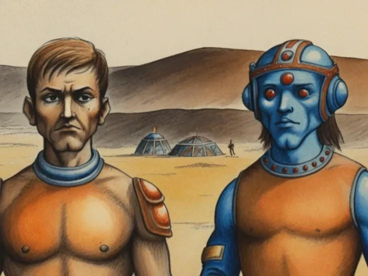 2d retro illustration, watercolor, pencil crayon, male warrior and Centaur Plains with space cadet and Helium-3 Mining Sites
simple face detail <lora:Fantastic_Planet_XL-01:1.0>
