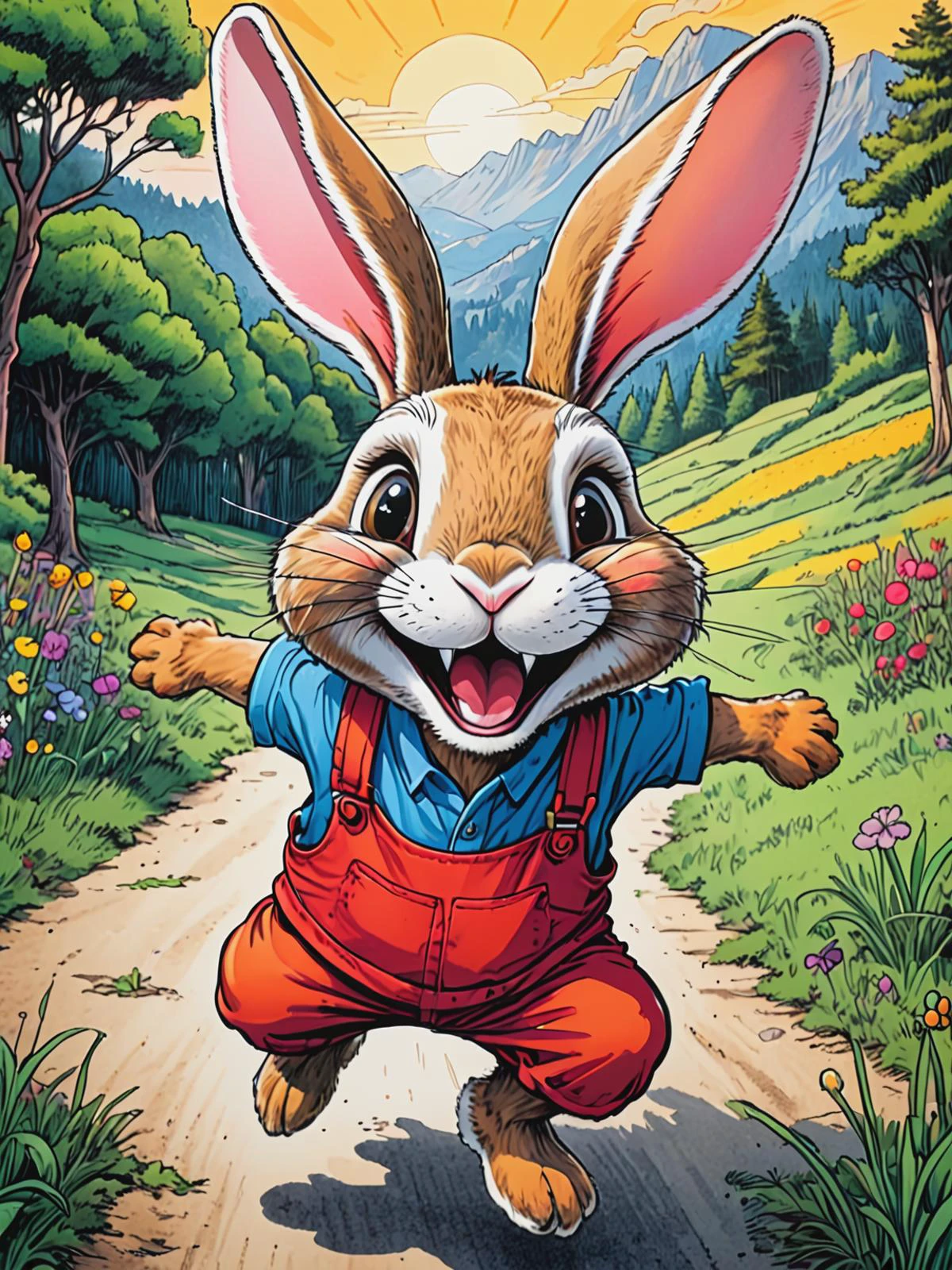 pen and ink sketch, colorful, Rabbit character, happy face expression, action pose, dynamic shot, scenery background, by Dan Santat, elaborate, masterpiece, detailed