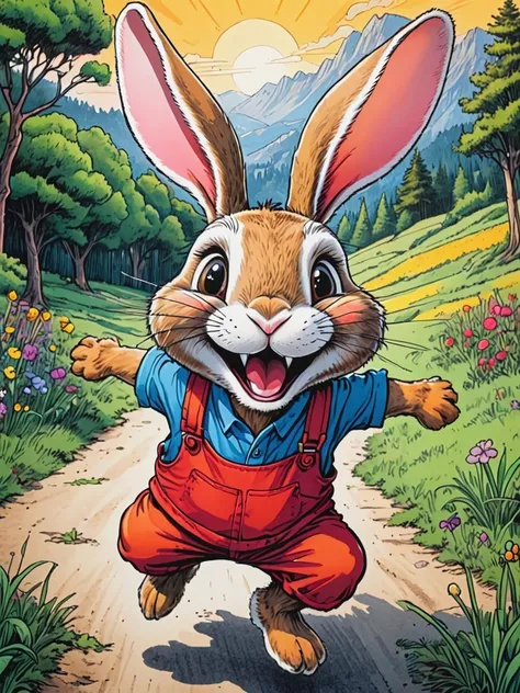 pen and ink sketch, colorful, Rabbit character, happy face expression, action pose, dynamic shot, scenery background, by Dan Santat, elaborate, masterpiece, detailed