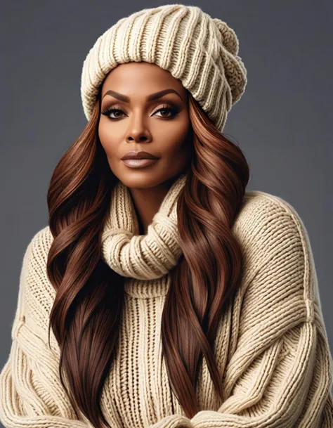 (masterpiece:1.2), (best quality:1.2), A winter-ready woman in a cozy oversized sweater and knit beanie, her body size enveloped in warmth, with a content and peaceful expression, realistic skin texture, janet jackson