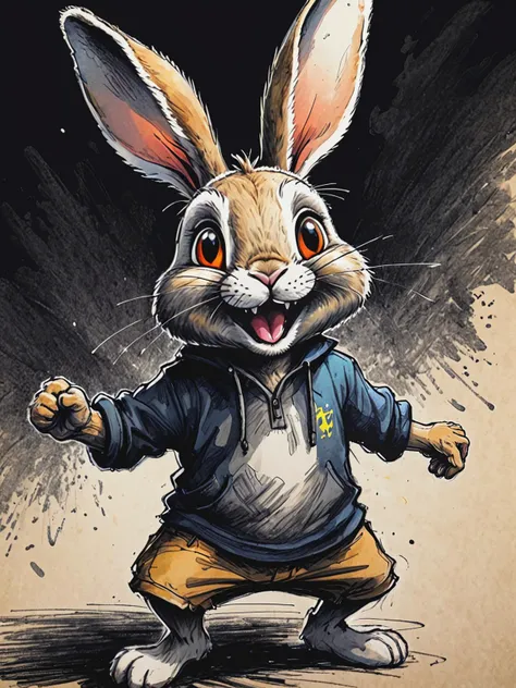 pen and ink sketch, colorful, Rabbit character, happy face expression, action pose, dynamic shot, scenery background, by Dan Santat, elaborate, masterpiece, detailed