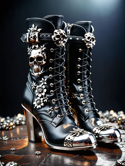 cinematic photo 100mm, RAW photograph of heavy metal boots, black leather, stylish shoe design, in the style of highly detailed, (silver steel skull:), (silver steel flower:0.8), <lora:add-detail-xl:0.5> <lora:LatexID_-_Ai_Heels:1> <lora:xl_more_art-full_v1:0.5>, 35mm photograph, film, bokeh, professional, 4k, highly detailed, high key lighting