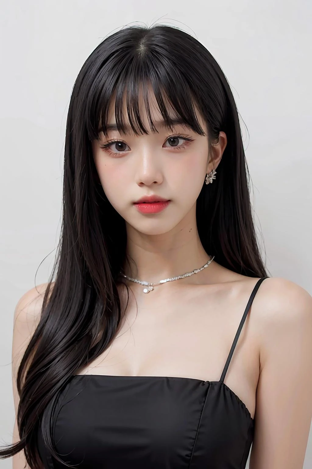1girl,hair with bangs,black long dress,white background,<lora:aumaim5_6-04:1>