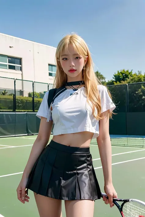 (realistic), (hyperrealism),best quality, masterpiece,ultra high res, (photorealistic:1.4),1girl,(looking at viewer:2), ,shop,
flared skirt, tennisshirt, navel, tennis court, tennis racket
cowboy shot, blonde hair<lora:aumaim5_6-04:1>