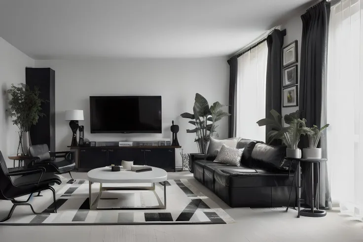 8k, masterpiece, best quality, realistic, ar_X, living room, ((black leather chair)), modern style, (zebra-stripe carpet), black and white couch, table, television, botted plant, ((green curtains)), marble tv wall, front view, first-person view, <lora:ar_x-000007:0.8>
