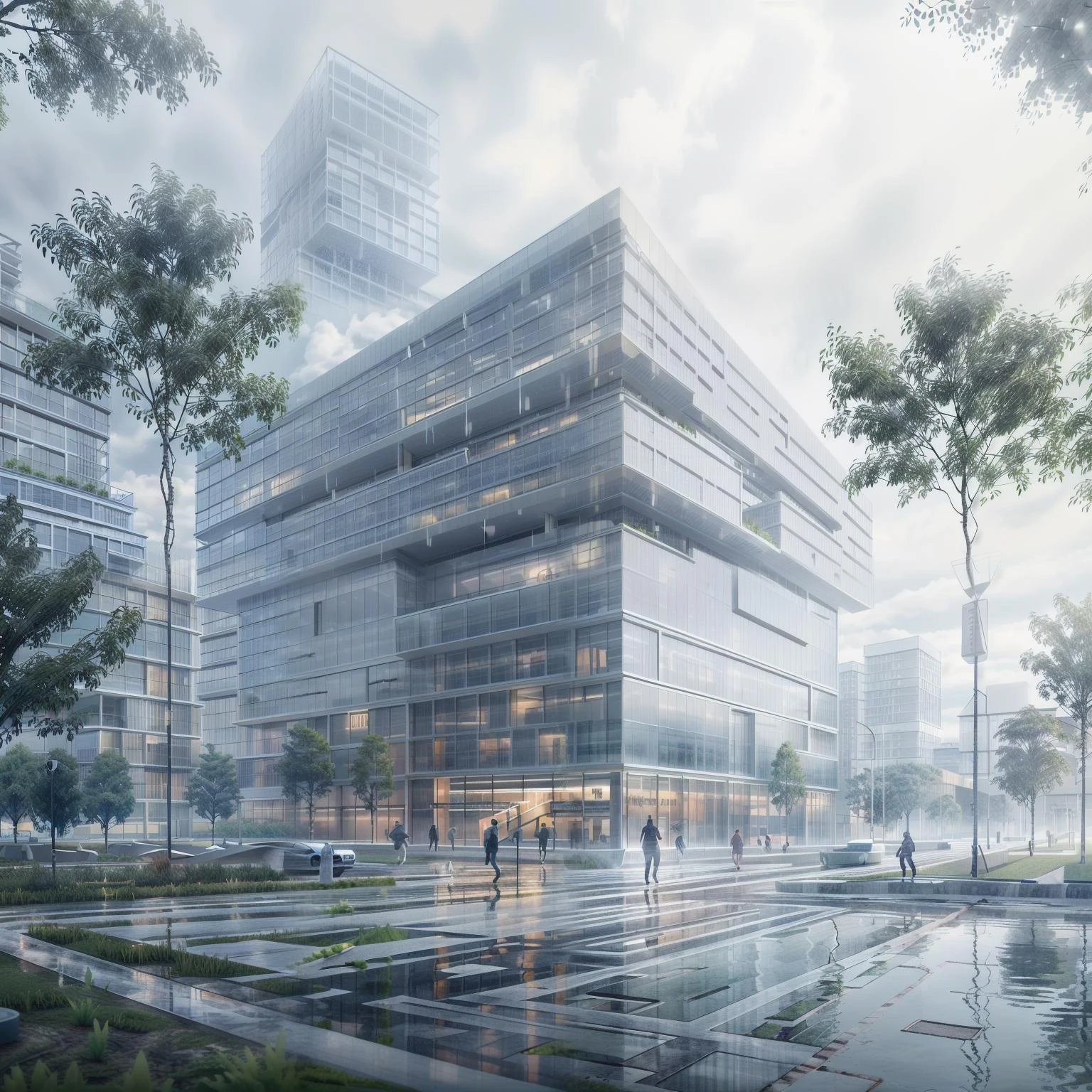 lgar, building, city , cityscape, plaza, water, lake, lawn, road, rain,(first person view), <lora:lgar_sd1.5_v2:0.8>