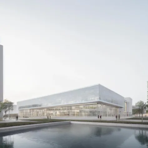 lgar, a building with a large glass window on top of it's side and a pool in front of it, David Chipperfield, archdaily, an abstract sculpture, modernism,  <lora:lgar_sd1.5_v2:0.9>