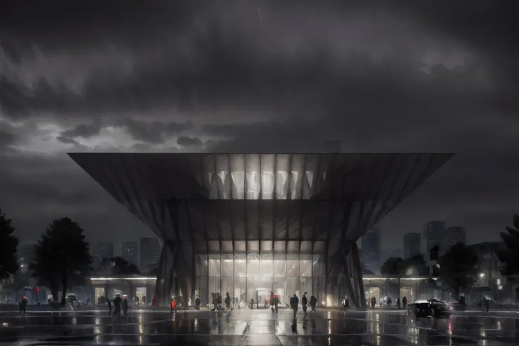 (masterpiece), (best quality), super detailed, realistic, (photorealistic), 8k, (sharp focus), depth of field, ahrender, museum, concrete roof, (black iron structure facade:0.5), in city, night, dark sky, rainy, no human