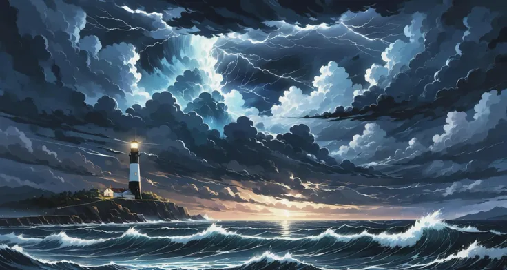 blackest darkest brooding night; landscape view over a churning sea with massive waves, lonely lighthouse shining in the dark distance, huge storm, epic lightning strike, black clouds massing in the sky
;dark colors, 2d art, grandiose scale, epic, dramatic nocturnal sky, high budget anime visual, gorgeous, professional animation still, masterpiece, high dynamic range, saturated, ultra detailed