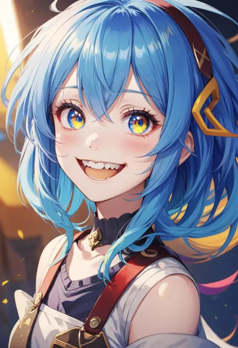 1girl, blue hair, multicolored hair, red inner hair, beautiful eyes, blue eyes, multicolored eyes, gradient eyes, yellow pupils, big smile, sharp teeth, anime, colorful, soft lighting, detailed shadows, best quality, extremely detailed, absurdres