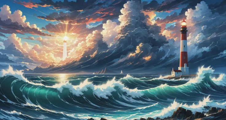 landscape view over a churning sea with massive waves, lonely lighthouse shining in the dark distance, huge storm, epic lightning strike, black clouds massing in the sky
;vibrant colors, 2d art, grandiose scale, epic, dramatic sky, high budget anime visual, gorgeous, professional animation still, masterpiece, high dynamic range, saturated, ultra detailed