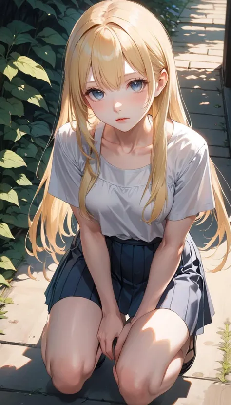 anime painting of a beautiful pale girl,(on kneels:1.5),long blonde hair,looking at viewer,short skirt,tshirt,professional photography,<lora:DetailedEyes_V3>,shoes,centred,outdoor,<lora:ClearHand-V2:2>,legs,feet,open hands,