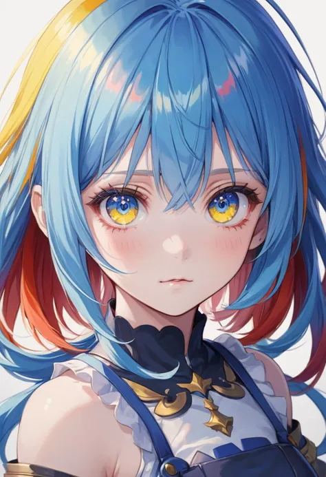 1girl, blue hair, multicolored hair, red inner hair, beautiful eyes, blue eyes, multicolored eyes, gradient eyes, yellow pupils, anime, colorful, soft lighting, detailed shadows, best quality, extremely detailed, absurdres