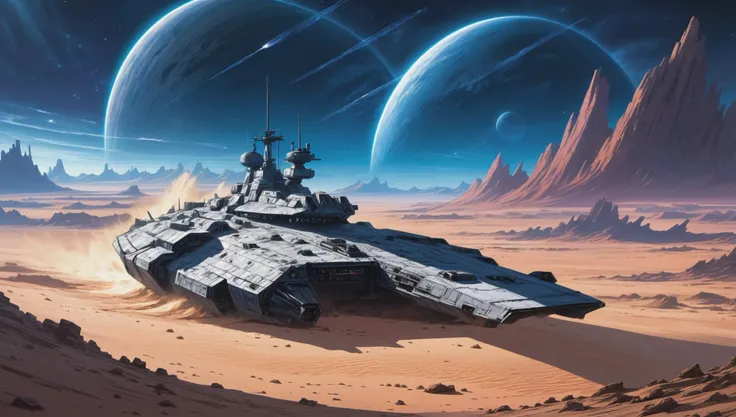 lonely crashed battle cruiser remains buried in desert dust, wreck on an alien planet, eldritch, mystery, horror, dramatic falling dusk over a foreign planet
;dark colors, 2d anime art, grandiose scale, epic, dramatic nocturnal sky, high budget anime visual, gorgeous, professional animation still, masterpiece, high dynamic range, saturated, ultra detailed