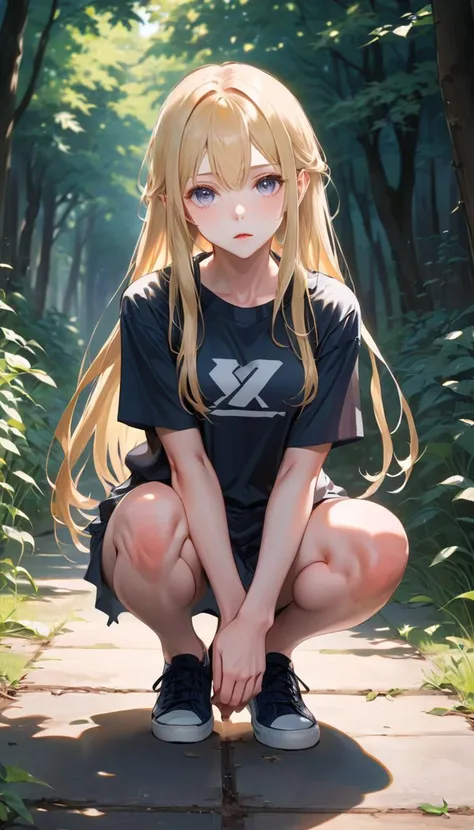 anime painting of a beautiful pale girl,(squat:1.5),long blonde hair,looking at viewer,short skirt,tshirt,professional photography,<lora:DetailedEyes_V3>,shoes,centred,outdoor,<lora:ClearHand-V2:2>,legs,feet,open hands,