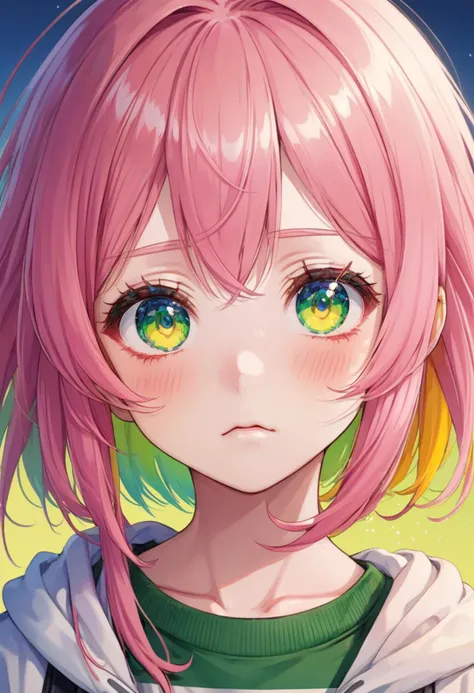 1girl, pink hair, multicolored hair, green inner hair, beautiful eyes, blue eyes, multicolored red eyes, gradient eyes, yellow pupils, crying, anime, colorful, soft lighting, detailed shadows, best quality, extremely detailed, absurdres