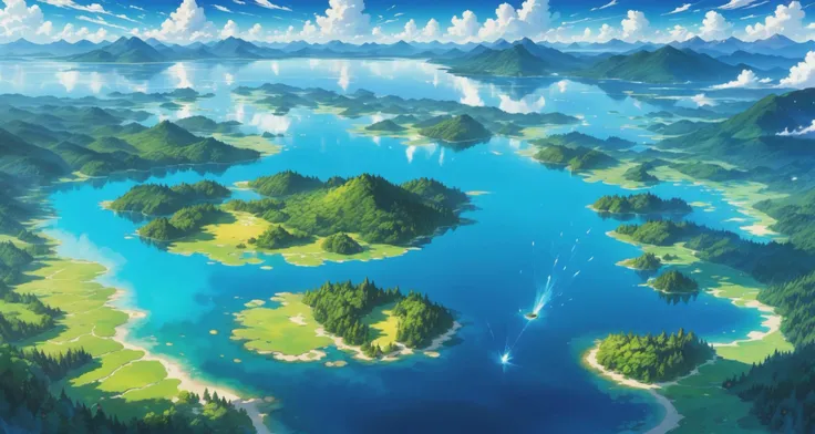 landscape aerial view over a sparkling lake with small forested islands, picturesque wilderness, sunny day, beautiful vista
;vibrant colors, 2d art, grandiose scale, epic, dramatic sky, high budget anime visual, gorgeous, professional animation still, masterpiece, high dynamic range, saturated, ultra detailed