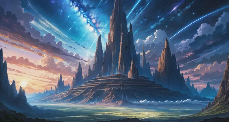 massive ancient alien ruins reaching to the sky, epic proportions, eldritch, mystery, dramatic falling dusk over a foreign planet
;dark colors, 2d art, grandiose scale, epic, dramatic nocturnal milky way sky, high budget anime visual, gorgeous, professional animation still, masterpiece, high dynamic range, saturated, ultra detailed