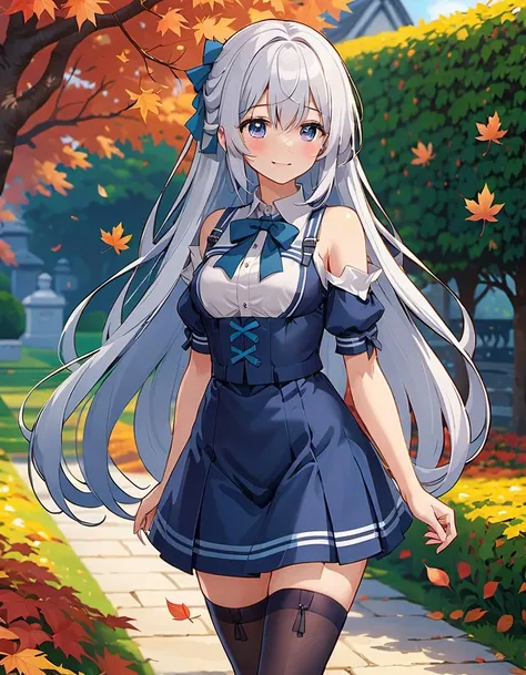 1girl,solo,elegant,standing,anime,8k,high resolution,a beautiful girl,long hair,elegant,(full body:1.2),bare shoulders,bare breasts,school uniform,(black thighhighs:1.1),smile,white hair AND blue hair,in a beautiful garden,autumn,maple,long hair,hair ribbon,(embedding:unaestheticXLv13.safetensors:1.2),(embedding:negativeXL_D.safetensors:0.8),(masterpiece,best quality,ultra_detailed,highres,absurdres:1),(masterpiece, top quality, best quality, official art, beautiful and aesthetic),ultra-detailed,an extremely delicate and beautiful,beautiful detailed face,clear face,best illustration,extremely detailed eyes and face,amazing,detailed and intricate,Highest image quality,Delicate background,beautiful detailed glow,art book,crop top,