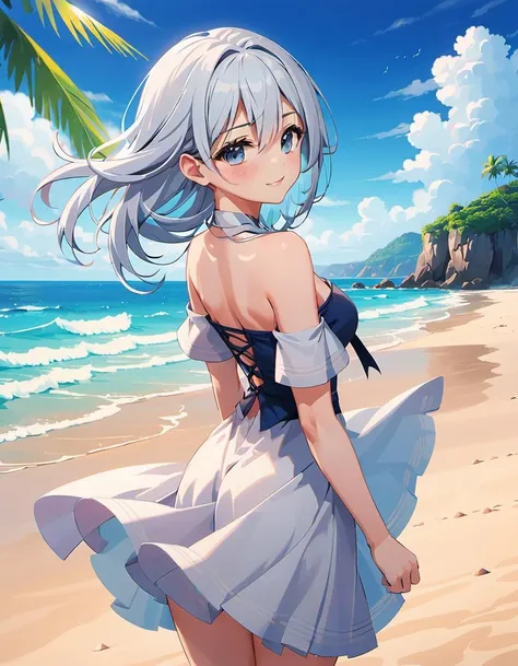 1girl,solo,anime,full body,one hand on hair,light smile,mysterious,gorgeous girl,stunning girl,on the beach,looking back,sea wind blowing,short skirt,bare shoulders,bare breast,white hair AND blue hair,multicolored hair,(embedding:unaestheticXLv13.safetensors:1),
(embedding:unaestheticXLv31.safetensors:1),(embedding:negativeXL_D.safetensors:0.8),(masterpiece,best quality,ultra_detailed,highres,absurdres:1),(masterpiece, top quality, best quality, beautiful and aesthetic),ultra-detailed,an extremely delicate and beautiful,beautiful detailed face,beautiful face,best illustration,extremely detailed eyes,amazing,detailed and intricate,Highest image quality, beautiful delicate background,beautiful detailed glow,