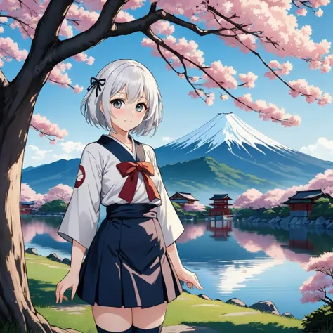 1girl,solo,full body,anime,best quality,standing,under the tree,outdoors,sakura tree, close to viewer, <lora:HandFixMerge:1.25:lbw=NF>,masterpiece,pretty face,pretty eyes,white hair,black thighhighs,smile,dawn,by the lake,elegant school uniform,ultra-detailed, <lora:HandFixV3_last:1>,beautiful face and eyes,fuji mountain,(Katsushika Hokusai),