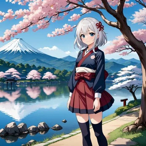 1girl,solo,full body,anime,best quality,standing,under the tree,outdoors,sakura tree, close to viewer, <lora:HandFixMerge:1:lbw=NF>,masterpiece,pretty face,pretty eyes,white hair,black thighhighs,smile,dawn,by the lake,elegant school uniform,ultra-detailed, <lora:HandFixV3_last:1>,beautiful face and eyes,fuji mountain,(Katsushika Hokusai),
