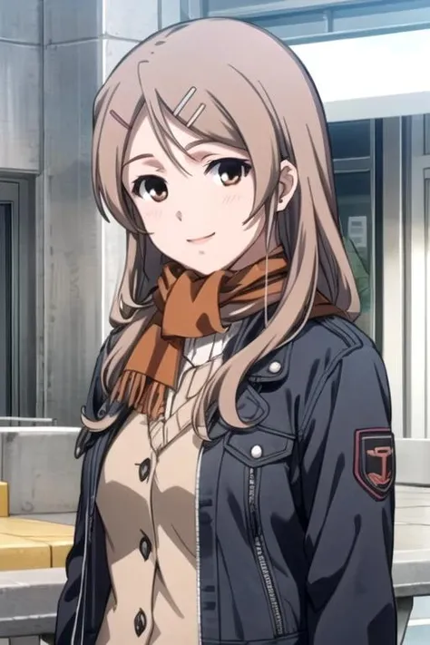 (((pixel-perfect, detail-perfect))), solo, 1girl, <lora:yukino-candyboy-01:0.7>, yukino sakurai, jacket, scarf, looking at viewer, smile, upper body