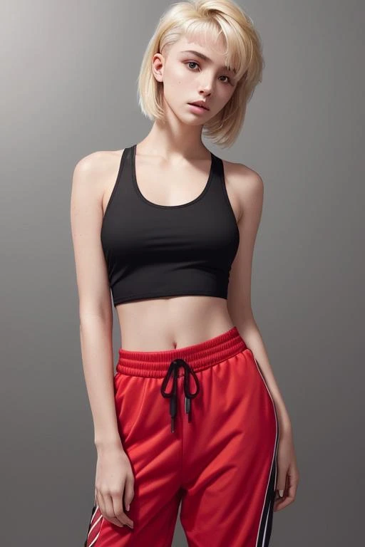 a 20 yo woman,blonde,(hi-top fade:1.4),dark theme,soothing tones,muted colors,high contrast,(natural skin texture, hyperrealism, soft light, sharp),waist up,fashion design,black sport tank top,jogger,(red background:1.1),simple background,