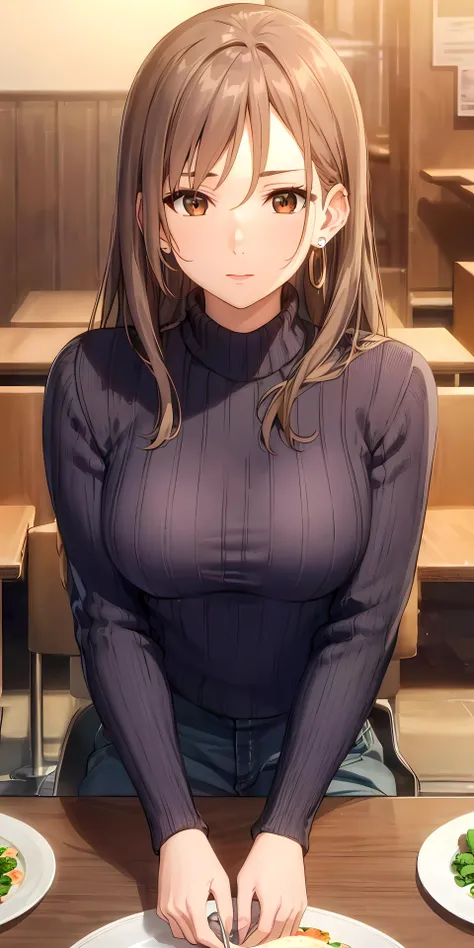 (masterpiece:1.2, best quality), (finely detailed beautiful eyes: 1.2), solo focus, (extremely detailed CG unity 8k wallpaper, masterpiece, best quality, ultra-detailed, best shadow), (detailed background), (beautiful detailed face, beautiful detailed eyes), 1girl, ninomiyashizuku,sitting , brown eyes, long hair, sweater, pants, jewelry, earrings, plate, pov, pov across table, fork, food on table, dateHigh contrast, beautiful sexy woman, adult, (best illumination, an extremely delicate and beautiful),(simple backround, indoors, date, resturant,front on ), looking at viewer,beautiful detailed glow,