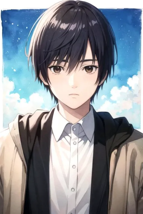 masterpiece, best quality, , 1boy, solo, male focus, looking at viewer, , , (watercolor illustration, soft pastel colors:1.1), , <lora:hiro_shishigami:0.66>, hiro_shishigami, black hair, brown eyes, decade costume, A magical kingdom where everything is perfect and everyone is happy, 8k resolution