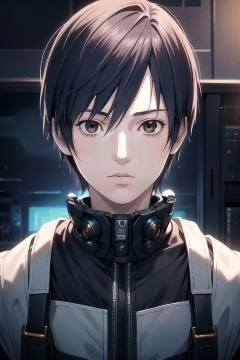 masterpiece, best quality, illustration, 1boy, solo, male focus, looking at viewer, upper body, depth of field, ligne claire, realistic, <lora:hiro_shishigami:0.68>, hiro_shishigami, black hair, brown eyes, , science fiction speculative fiction,