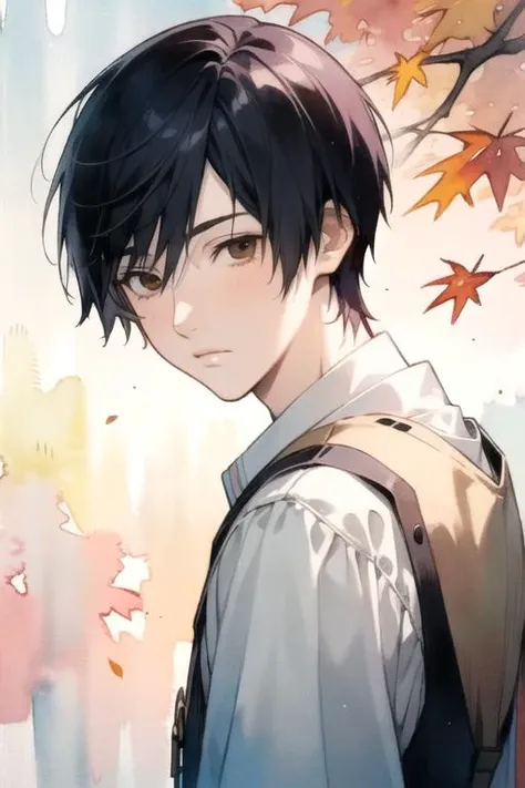masterpiece, best quality, illustration, 1boy, solo, male focus, looking at viewer, , , (watercolor illustration, soft pastel colors:1.1), , <lora:hiro_shishigami:0.66>, hiro_shishigami, black hair, brown eyes, , fall,