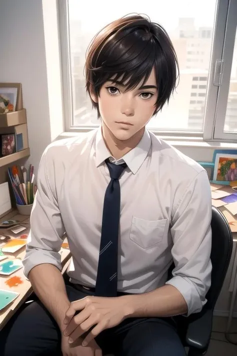masterpiece, best quality, movie still, 1boy, solo, male focus, looking at viewer, , , (watercolor illustration, soft pastel colors:1.1), realistic, <lora:hiro_shishigami:0.66>, hiro_shishigami, black hair, brown eyes, halloween costume, cubicle, 32k resolution