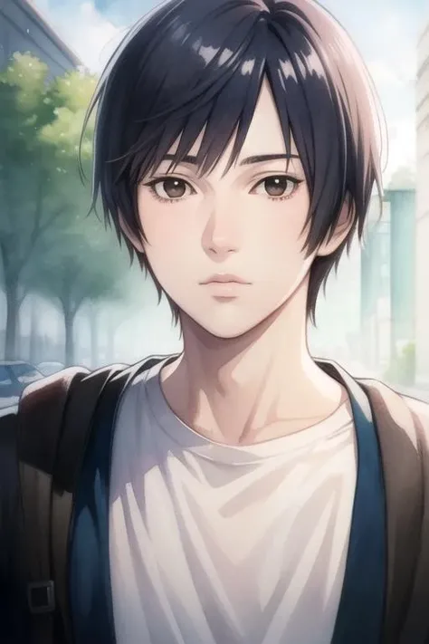 masterpiece, best quality, photorealistic, 1boy, solo, male focus, looking at viewer, , , (watercolor illustration, soft pastel colors:1.1), realistic, <lora:hiro_shishigami:0.72>, hiro_shishigami, black hair, brown eyes, , soft science fiction, High definition