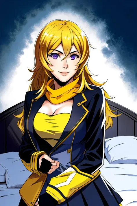 1girl, yang xiao long, long hair, breasts, blonde hair, purple eyes, smile, fingerless gloves, large breasts, gloves, sunglasses, looking at viewer, cleavage, holding eyewear, hand on hip, jacket, (((bed, bedroom))), sitting, bed sheet, 

photorealistic background, 

((upper body)),  (((masterpiece))), (highest quality), ((perfect face)), very deep eyes, (cinematic lighting), detailed eyes, best quality,  bishoujo, sidelight, highres, (intricate details), highres, superb, 8k wallpaper, extremely detailed, intricate, award-winning, hyper-detailed, hard lighting, intricate details, eyes focus, (illustration:1.1), highres, (beautiful face:1.15), trending on artstation,