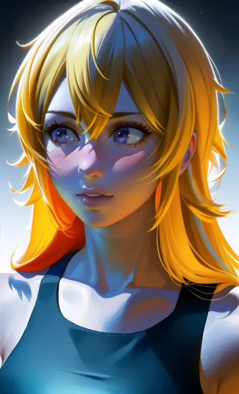 ((1girl, yang xiao long, solo, blonde hair, long hair, purple eyes, shirt, breasts, upper body, ahoge, medium breasts, jacket, collarbone, open clothes, blush,  closed mouth, (orange shirt), tank top, looking away,  open jacket, hair between eyes, white background, simple background, messy hair)),

photorealistic background, sharp focus, extremely detailed CG unity 8k wallpaper, volumetric lighting, gloomy, smooth lighting, cinematic lighting,

((upper body)),  (((masterpiece))), (highest quality), ((perfect face)), very deep eyes, (cinematic lighting), detailed eyes, best quality,  bishoujo, sidelight, highres, (intricate details), highres, superb, 8k wallpaper, extremely detailed, intricate, award-winning, hyper-detailed,  intricate details, eyes focus, (illustration:1.1), highres, (beautiful face:1.15), trending on artstation,