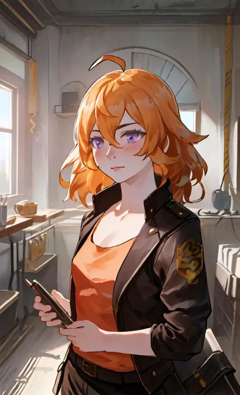 girl yang xiao long, (((cowboy shot))), ((1girl, solo, blonde hair, long hair, purple eyes, shirt, breasts, upper body, ahoge, medium breasts, jacket, collarbone, open clothes, blush, closed mouth, (orange shirt), tank top, looking away, open jacket, hair between eyes, messy hair, indoors, room, shelf)),
photorealistic background, sharp focus, extremely detailed CG unity 8k wallpaper, volumetric lighting, gloomy, smooth lighting, cinematic lighting,
((upper body)), (((masterpiece))), (highest quality), ((perfect face)), very deep eyes, (cinematic lighting), detailed eyes, best quality, bishoujo, sidelight, highres, (intricate details), highres, superb, 8k wallpaper, extremely detailed, intricate, award-winning, hyper-detailed, intricate details, eyes focus, (illustration:1.1), highres, (beautiful face:1.15), trending on artstation,