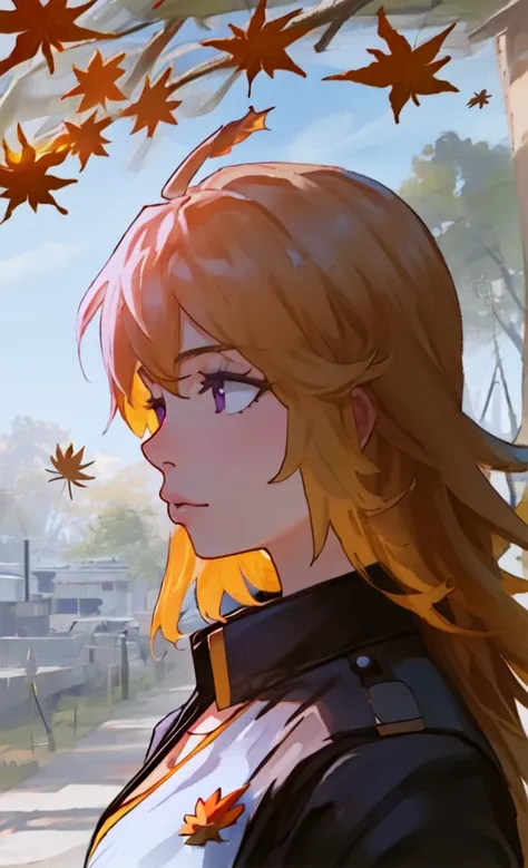 girl yang xiao long, ((masterpiece,best quality)),1girl, bangs, blurry background, branch, dappled sunlight, from side, leaf, (maple leaf:1.9), outdoors, sash, solo, sunlight, upper body, (orange shirt), tank top, looking away, ahoge, medium breasts, jacket, collarbone,  messy hair, wind,  blonde hair, long hair, purple eyes,
photorealistic background, sharp focus, extremely detailed CG unity 8k wallpaper, volumetric lighting, gloomy, smooth lighting, cinematic lighting,

(highest quality), ((perfect face)), very deep eyes, (cinematic lighting), detailed eyes, best quality,  bishoujo, sidelight, highres, (intricate details), highres, superb, 8k wallpaper, extremely detailed, intricate, award-winning, hyper-detailed,  intricate details, eyes focus, (illustration:1.1), highres, (beautiful face:1.15), trending on artstation,