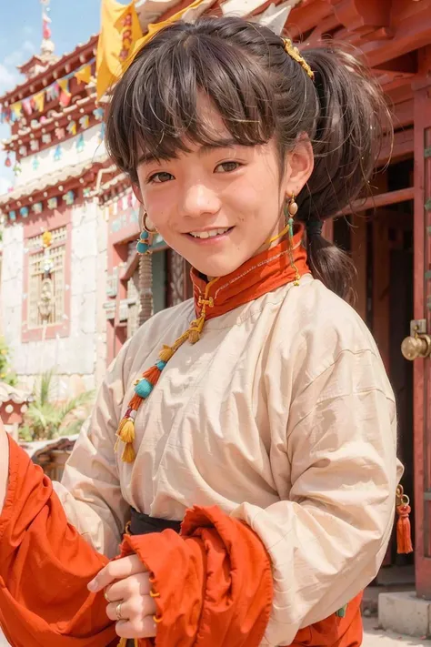 <lora:dingzhenlora_v1:0.8>, best quality, ultra high res, (photorealistic:1.4), (1man:1), tibetan clothes, grin, closeup of face, (aegyo sal:1), (light brown short ponytail:1.2), ((puffy eyes)), looking at viewer, smiling, full body, streets, outdoors