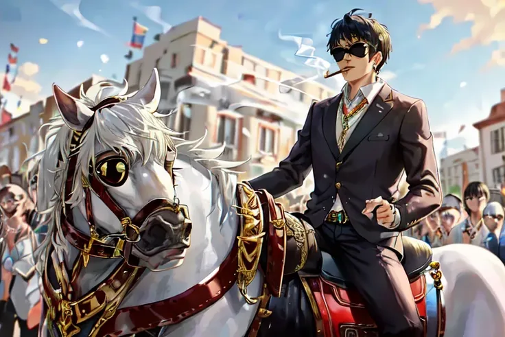 <lora:dingzhenlora:1>, man, cash, smoking cigar, sunglasses, riding
white horse , red flags, crowd, king, gold necklace, masterpiece, best quality